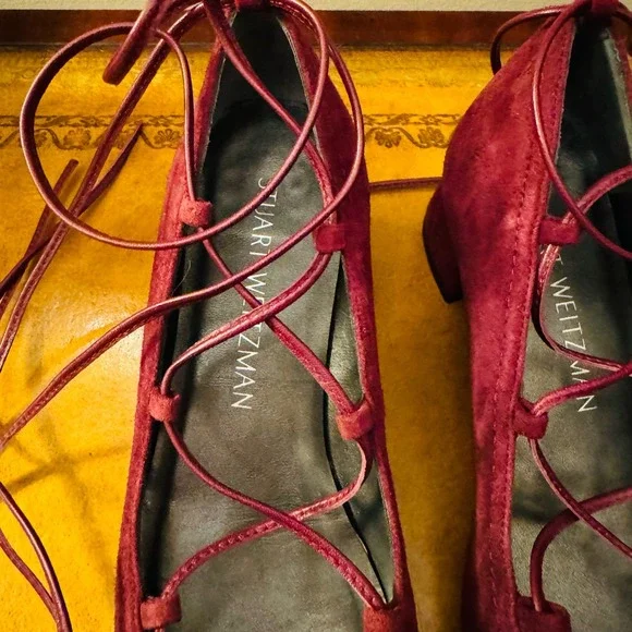 Stuart Weitzman Wine Burgundy Cordon Ballerina Lace Up Suede Pumps Size 4